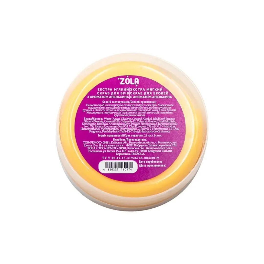 ZOLA Extra Soft Orange Eyebrow Scrub 100ml zachte reiniging en hydratatie voor wenkbrauwen met sinaasappel aroma.