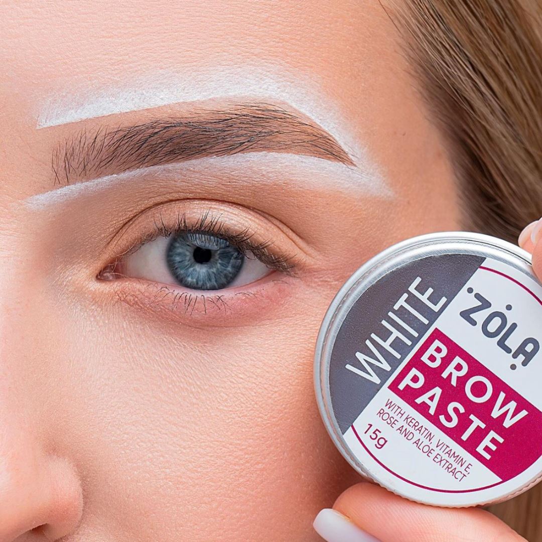 Zola witte brow paste, gemakkelijk aan te brengen en schoon te maken, verrijkt met vitamine E en keratine.