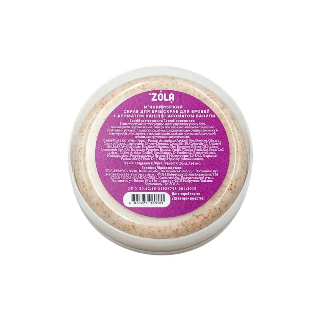 ZOLA Soft Vanilla Eyebrow Scrub 100ml zachte wenkbrauwscrub met vanille en abrikozenpit, reinigt en hydrateert.