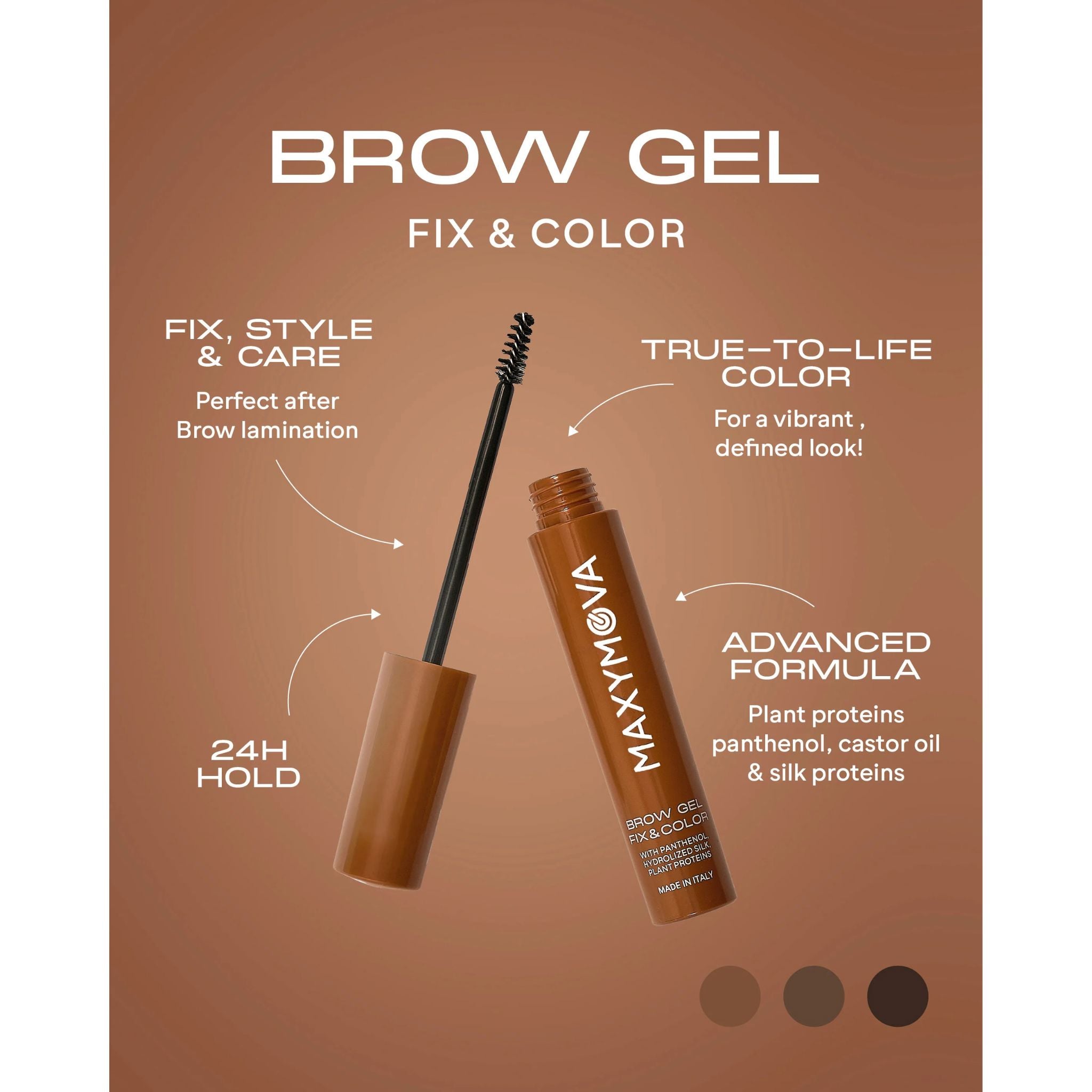 Brow Gel collectie Fix & Go transparante gel en Fix & Color getinte gels in Cappuccino, Cacao en Moka
