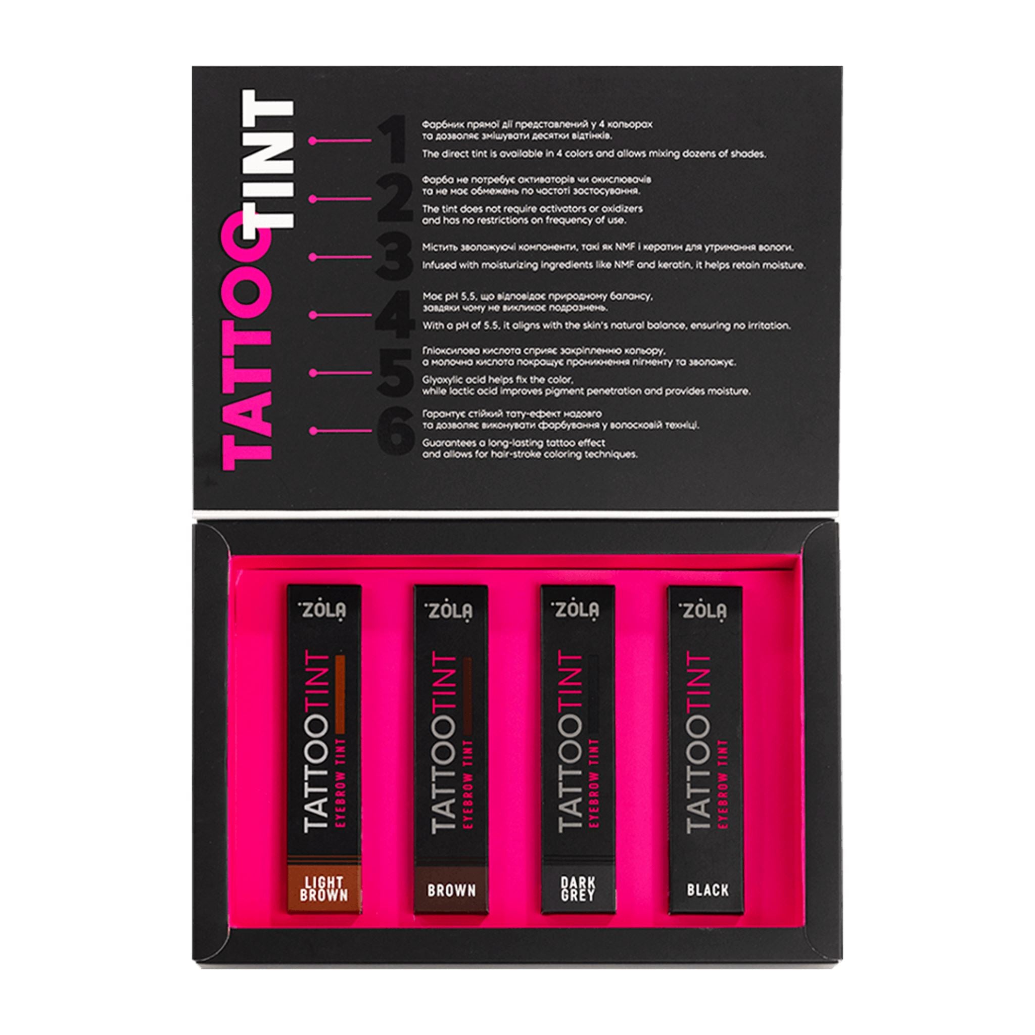 ZOLA Tattoo Tint direct pigment voor op de huid, perfect voor hairstroke techniek, invullen van wenkbrauwgaatjes en PPD-gevoelige klanten.