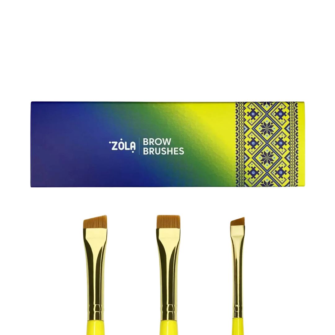 Set van 3 ZOLA wenkbrauwkwasten, nylon haren, houten blauw/gele handvatten, ideaal voor precieze wenkbrauwcontouren.
