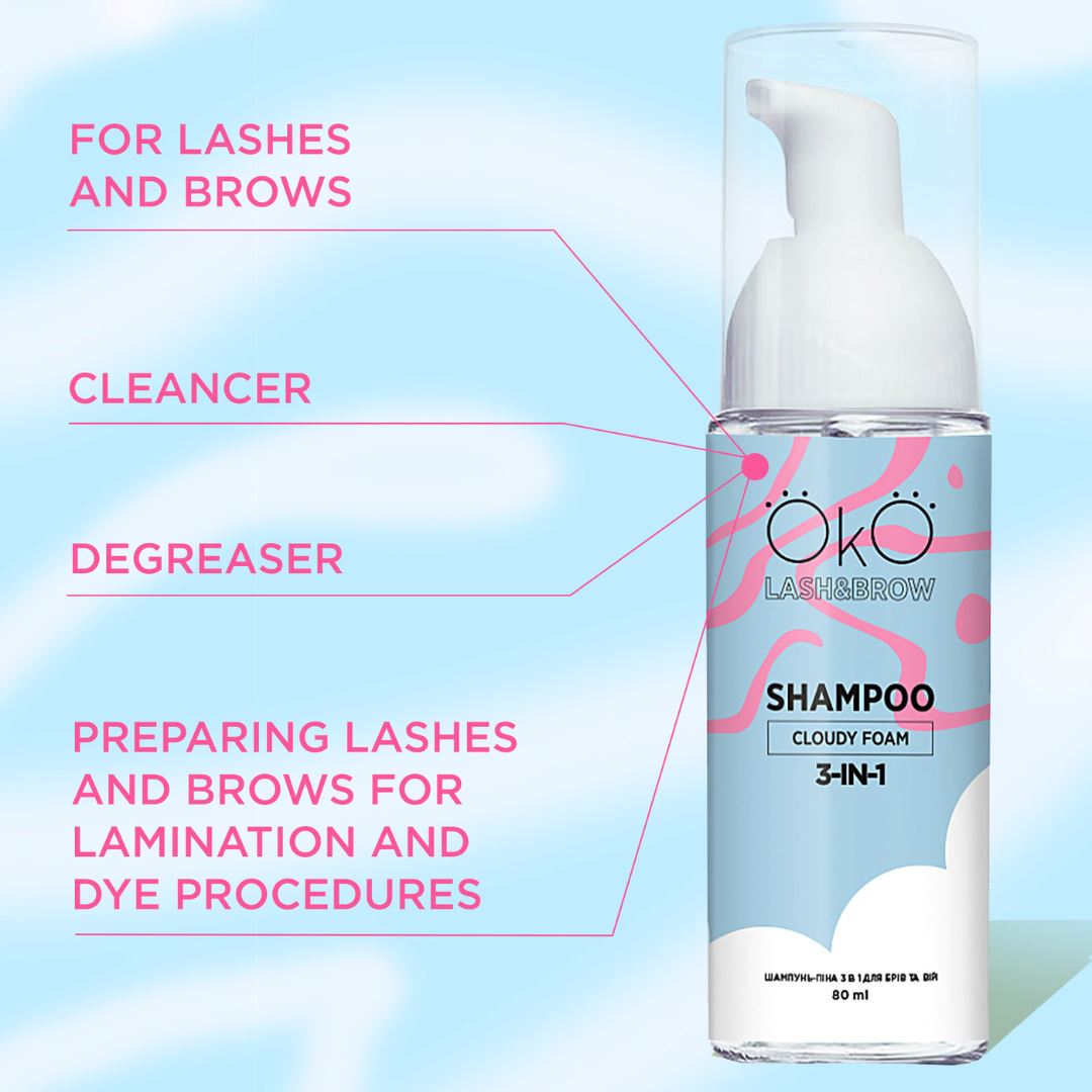 OKO Brow Shampoo Cloudy Foam – 3-in-1 reiniging voor wenkbrauwen en wimpers, geschikt voor alle huidtypes, in 80 ml of 150 ml flacon.