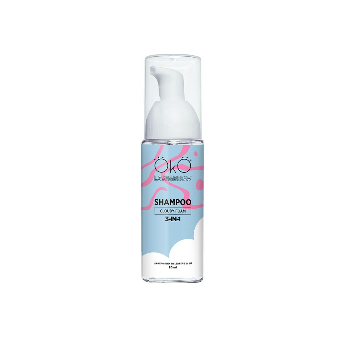 OKO Brow Shampoo Cloudy Foam – 3-in-1 reiniging voor wenkbrauwen en wimpers, geschikt voor alle huidtypes, in 80 ml of 150 ml flacon.