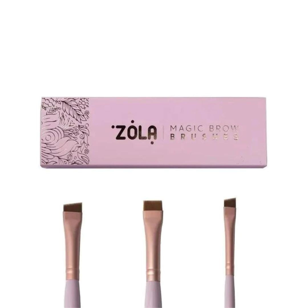 Set van 3 ZOLA wenkbrauwkwasten, nylon haren, houten zacht roze handvat, ideaal voor precieze wenkbrauwcontouren.