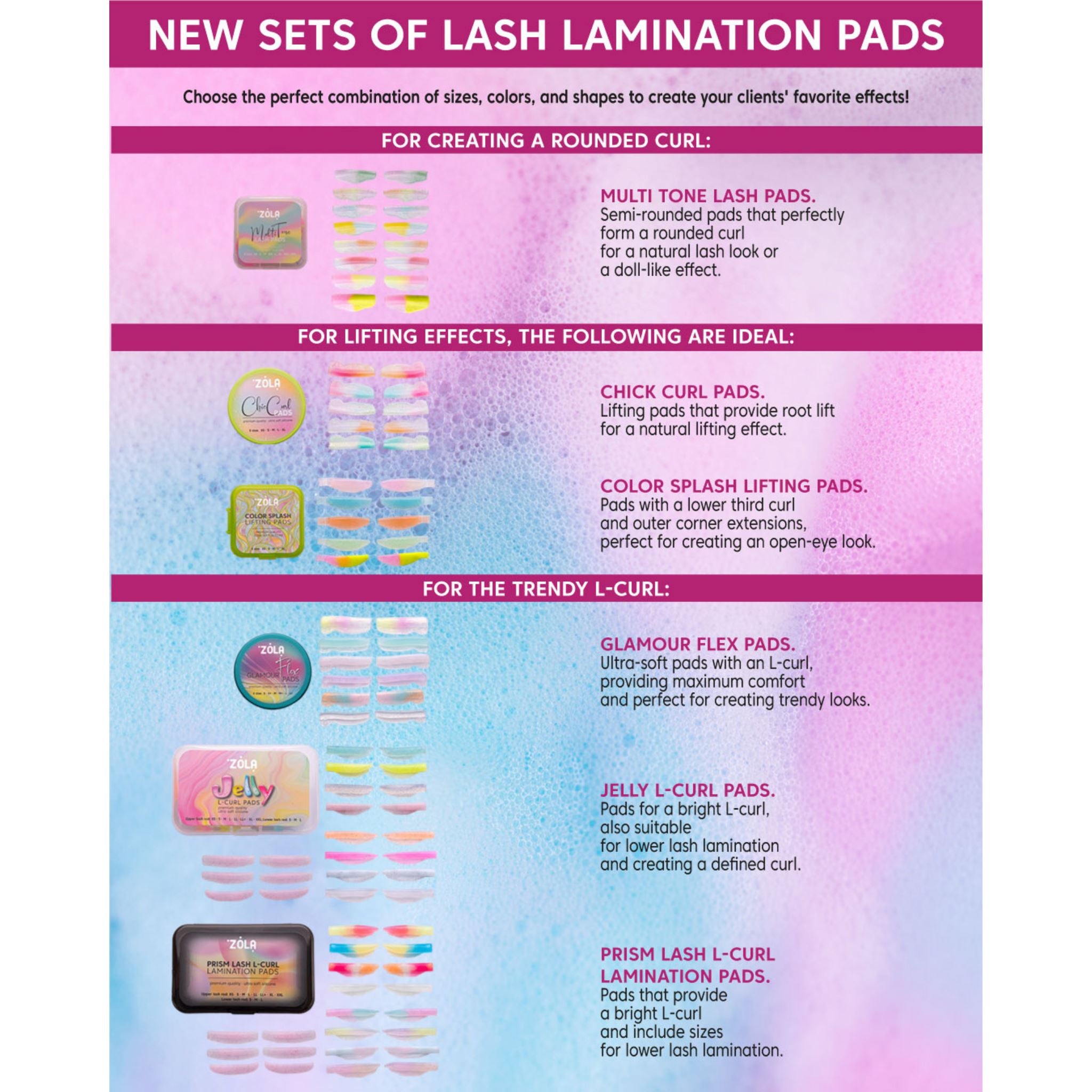 Prism Lash L-Curl Shields Hybrid shields met zachte krul. Set met 11 maten voor bovenste en onderste wimpers.
