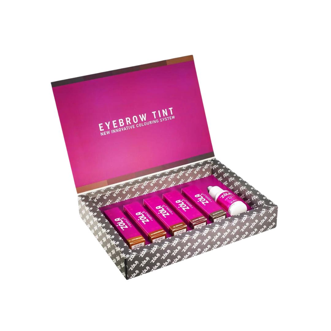 ZOLA Hybrid Brow Dye kit met 5 kleuren en 3% Oxidant. Langdurige, verzadigde kleur met verzorgende ingrediënten zoals collageen en lanoline.