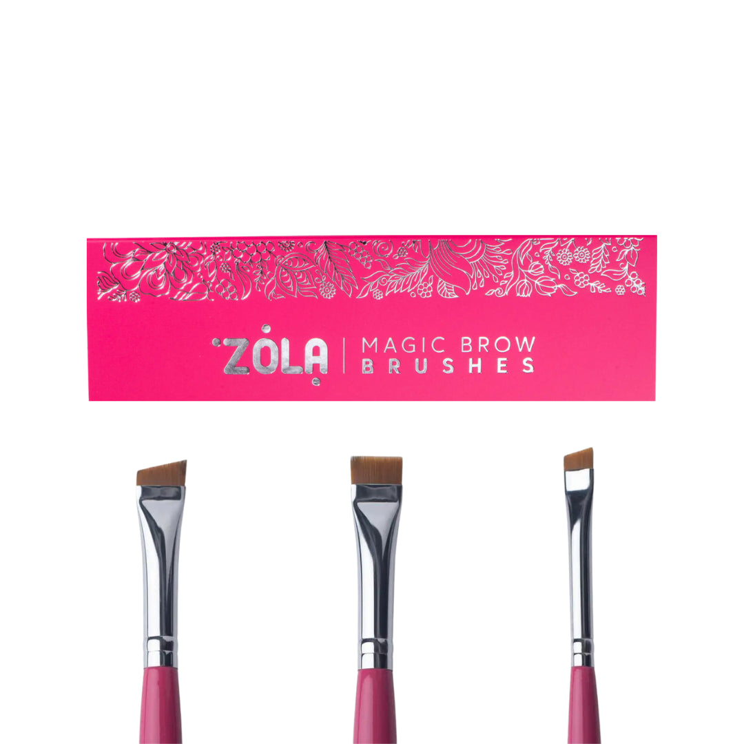 Set van 3 ZOLA wenkbrauwkwasten, nylon haren, houten roze handvat, ideaal voor precieze wenkbrauwcontouren.