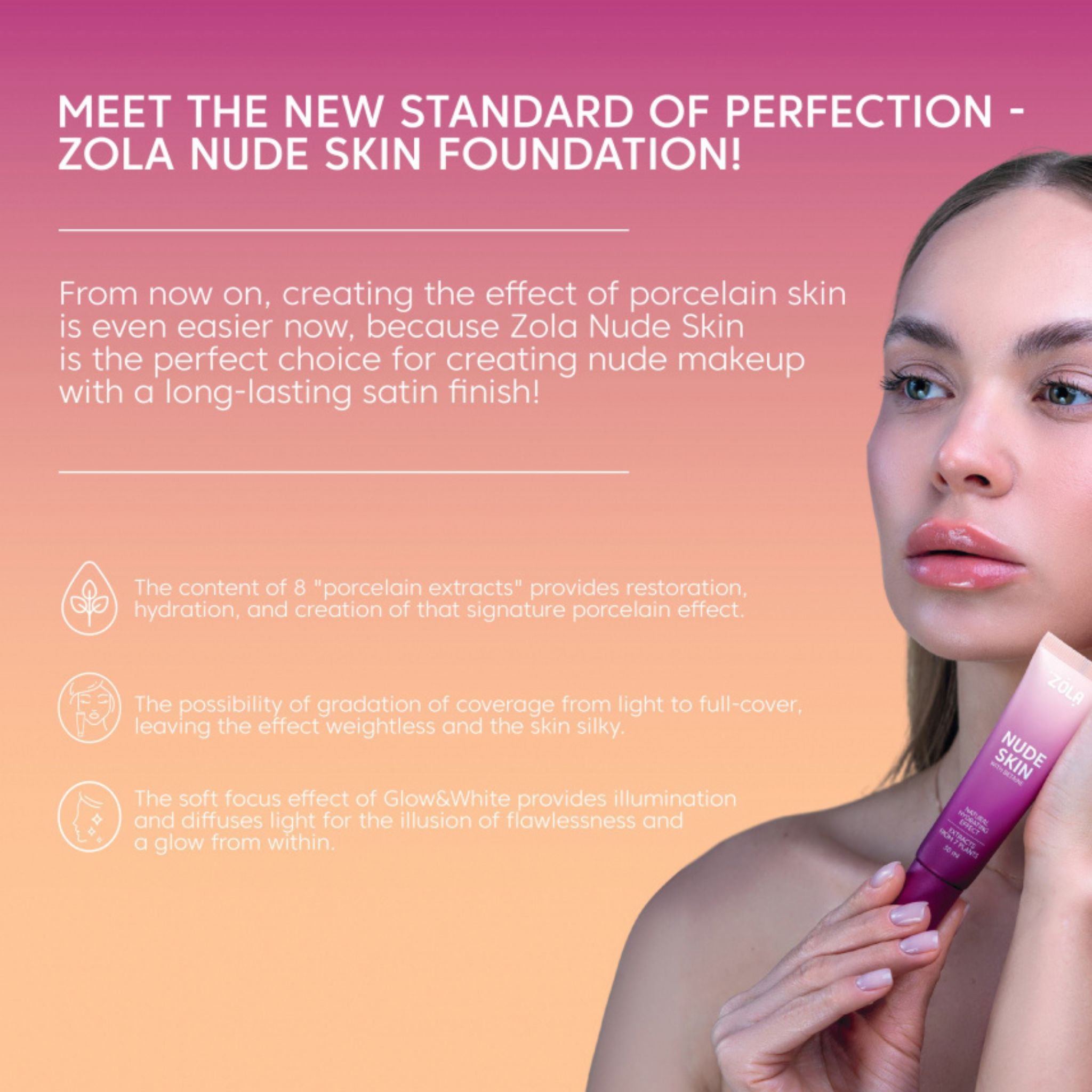 Zola Nude Skin Foundation lichte, hydraterende foundation met natuurlijke dekking. Egaliseert de teint zonder maskereffect. Verkrijgbaar in 3 tinten, 30ml.