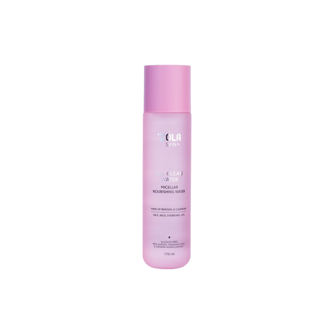 Fles ZOLA Micellar Water met minimalistisch design, ideaal voor zachte, hydraterende reiniging van gezicht en ogen.