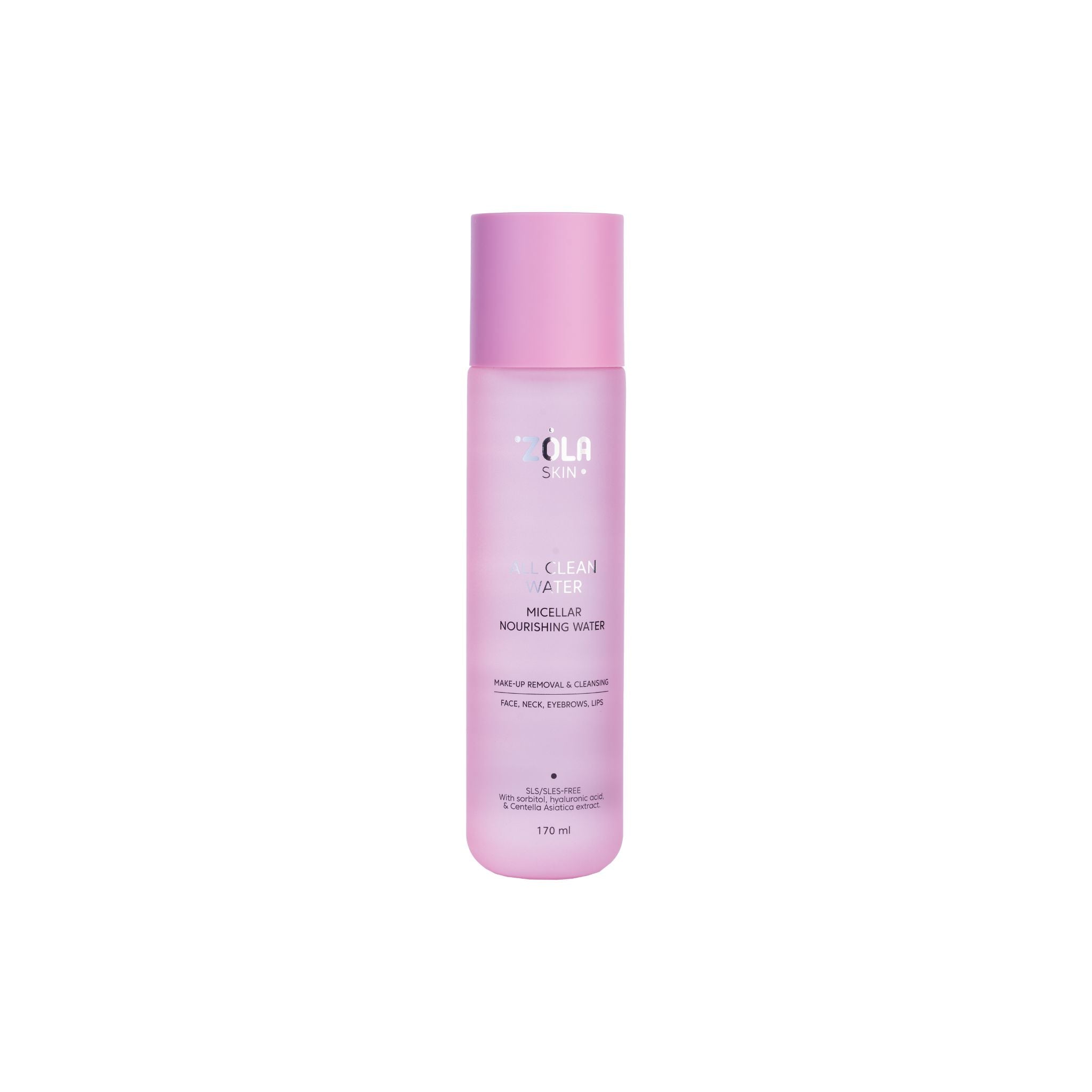 Fles ZOLA Micellar Water met minimalistisch design, ideaal voor zachte, hydraterende reiniging van gezicht en ogen.