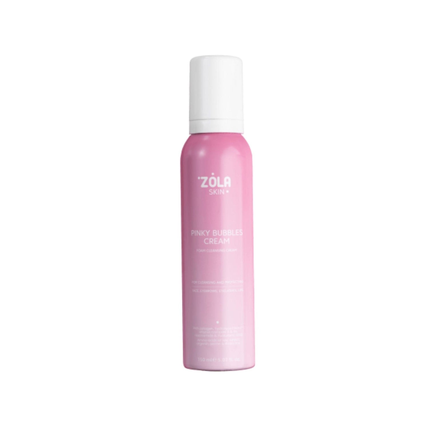 Pinky Bubbles cleanser  luxe roze flacon met luchtige schuimtextuur voor zachte en effectieve reiniging van gezicht, ogen en lippen.