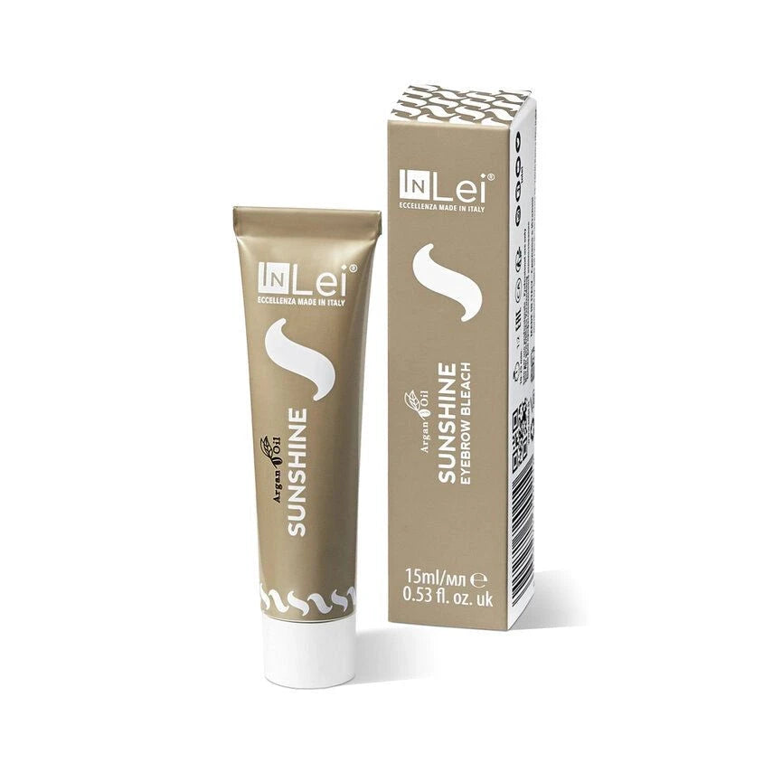 InLei® Lash & Brow Bleach Sunshine, ideaal voor het veilig ontkleuren van wimpers en wenkbrauwen. Bevat arganolie voor extra verzorging en verlicht tot drie tinten.