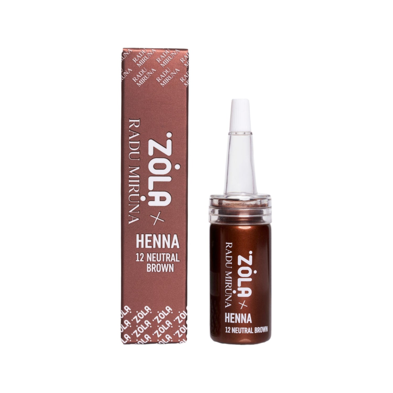 ZOLA x RADU MIRUNA Neutral Brown brow henna voor medium tot donkere wenkbrauwen met duidelijke huidafdruk.